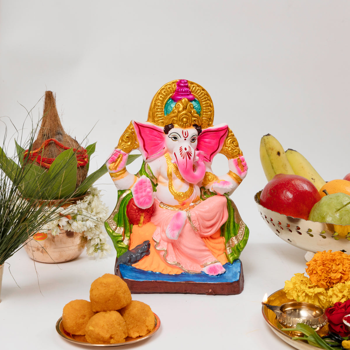 CLAY SINGHASAN GANESHA 10 INCH COLOUR