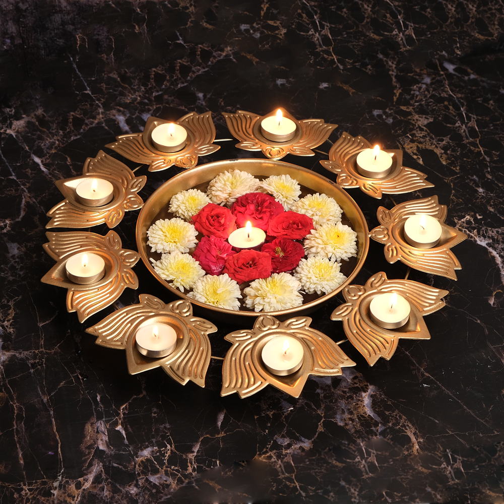 Floral Design Metal Gold Finish Urli