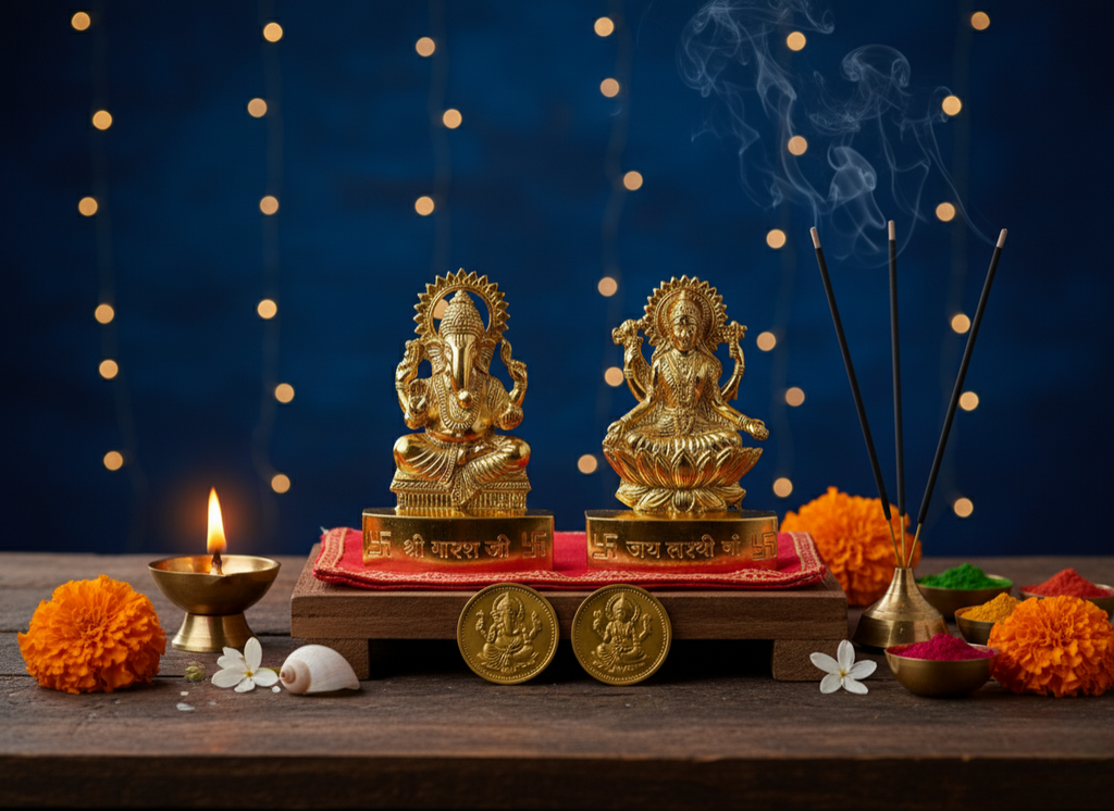 Golden Ganesh and Lakshmi Idols and coins combo