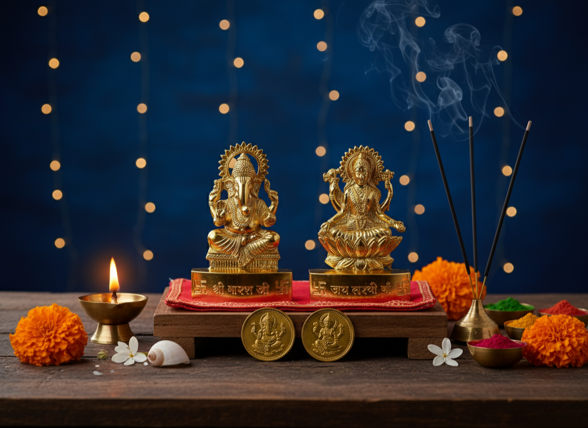Golden Ganesh and Lakshmi Idols and coins combo