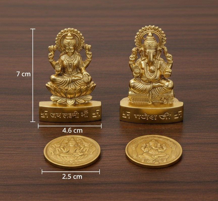 Golden Ganesh and Lakshmi Idols and coins combo