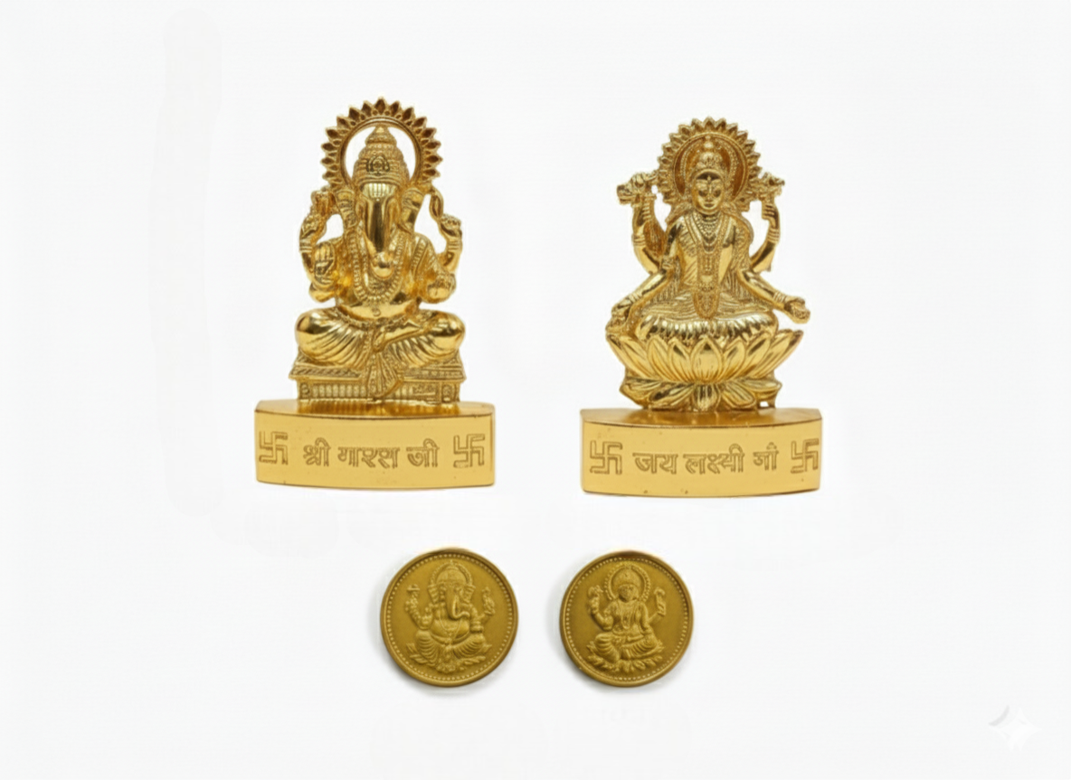 Golden Ganesh and Lakshmi Idols and coins combo