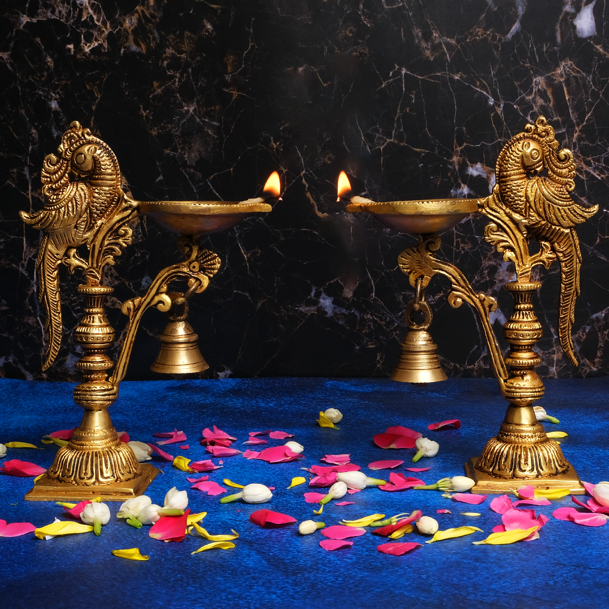 Peacock Design Designer Brass Diya Set