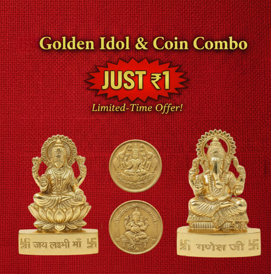 Golden Ganesh and Lakshmi Idols and coins combo