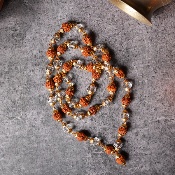 2 In 1 Mala 8MM Rudraksh & Spatik Mala Rosary With Gold Plated Cap ( 54 Beads)