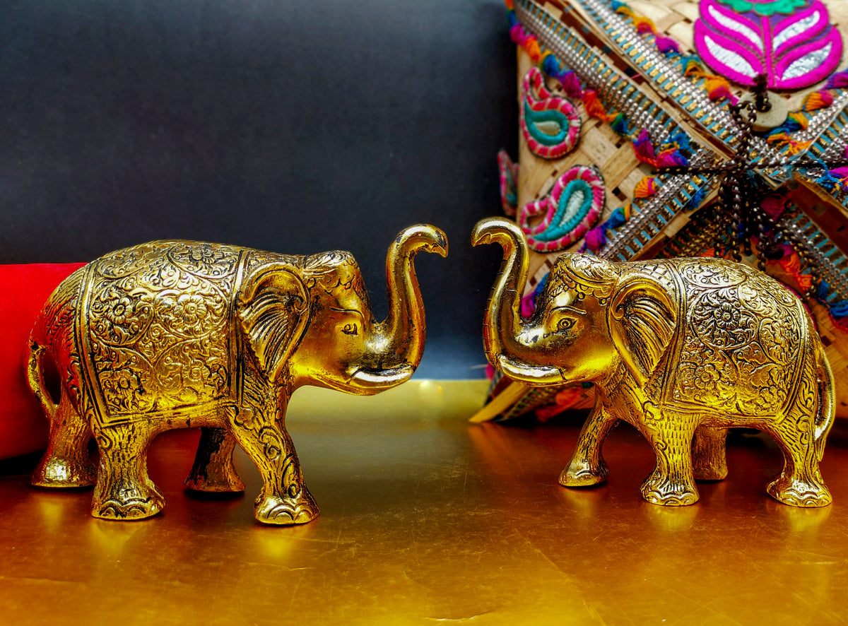 Brass Elephant With Design Idol  [ Height - 3.5 Inches  One Pair ]
